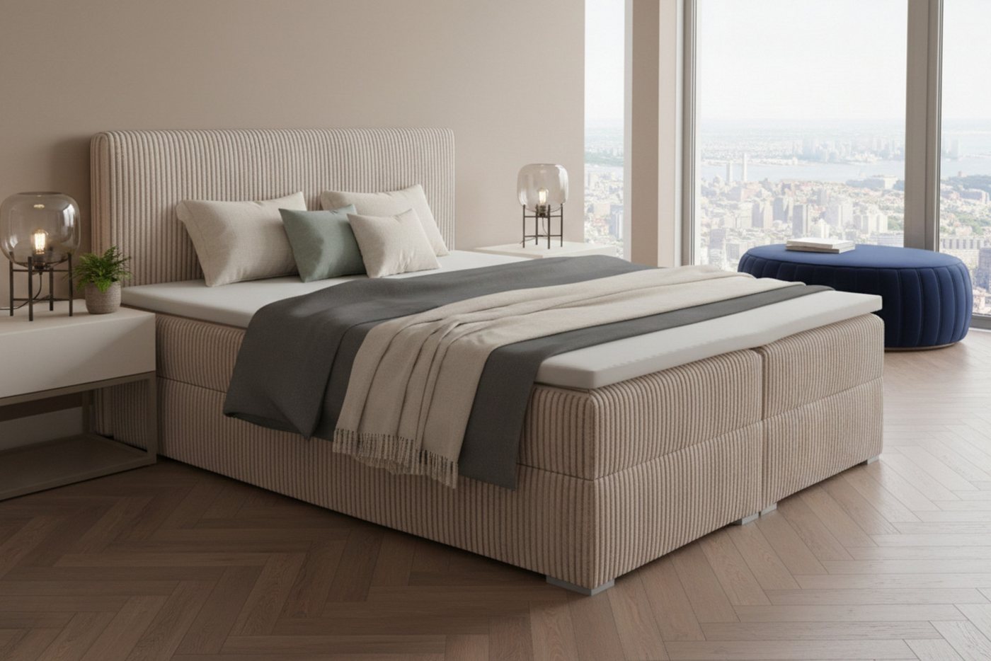 Deine Möbel 24 Boxspringbett LON IV Boxspring Komplettbett Polsterbett Bonellfederkernmatratzen (Cord Beige Creme Grau Dunkelgrau Graphit Schwarz, 1-St., Boxbet – Bild 2 von 5