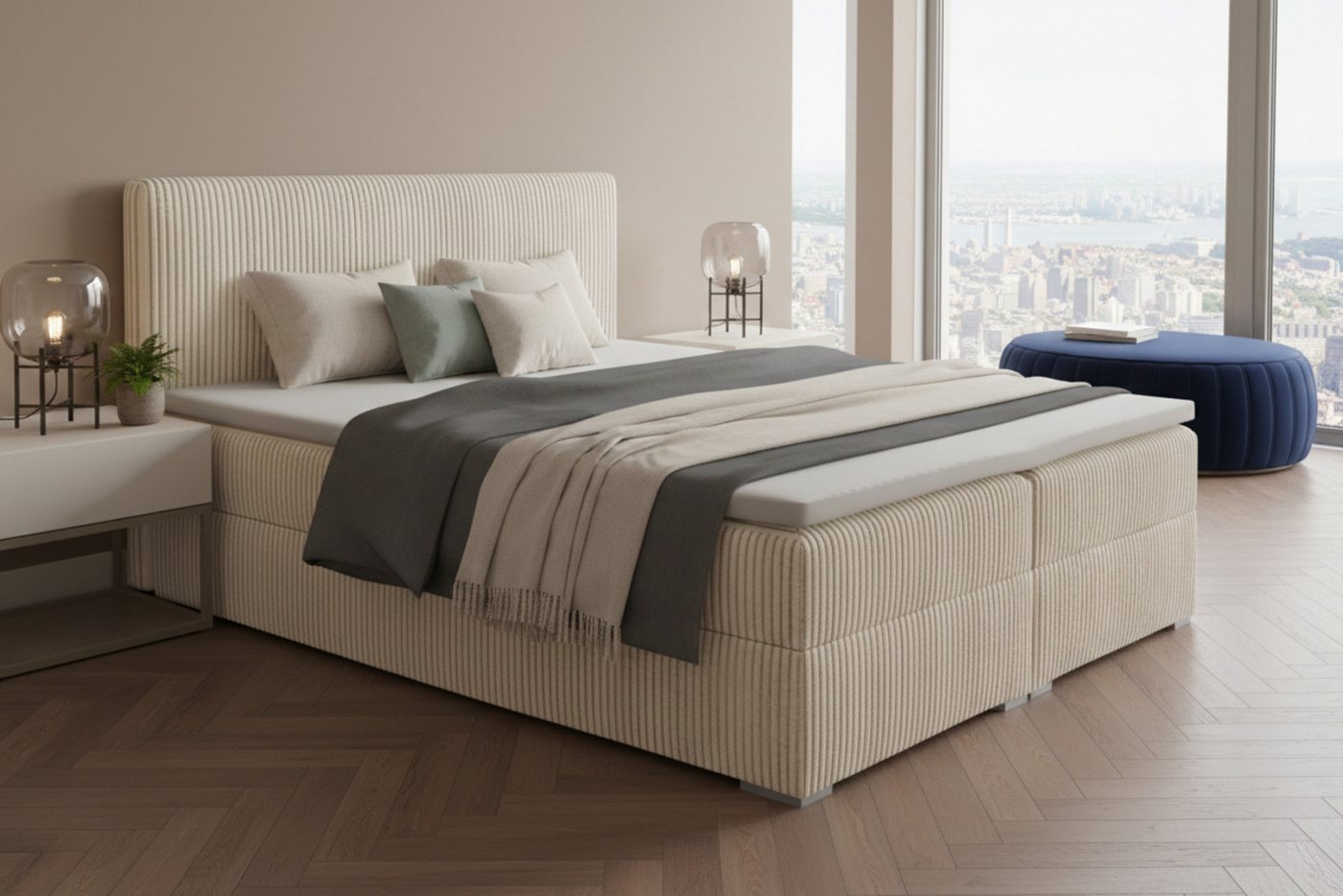 Deine Möbel 24 Boxspringbett LON IV Boxspring Komplettbett Polsterbett Bonellfederkernmatratzen (Cord Beige Creme Grau Dunkelgrau Graphit Schwarz, 1-St., Boxbet – Bild 2 von 5