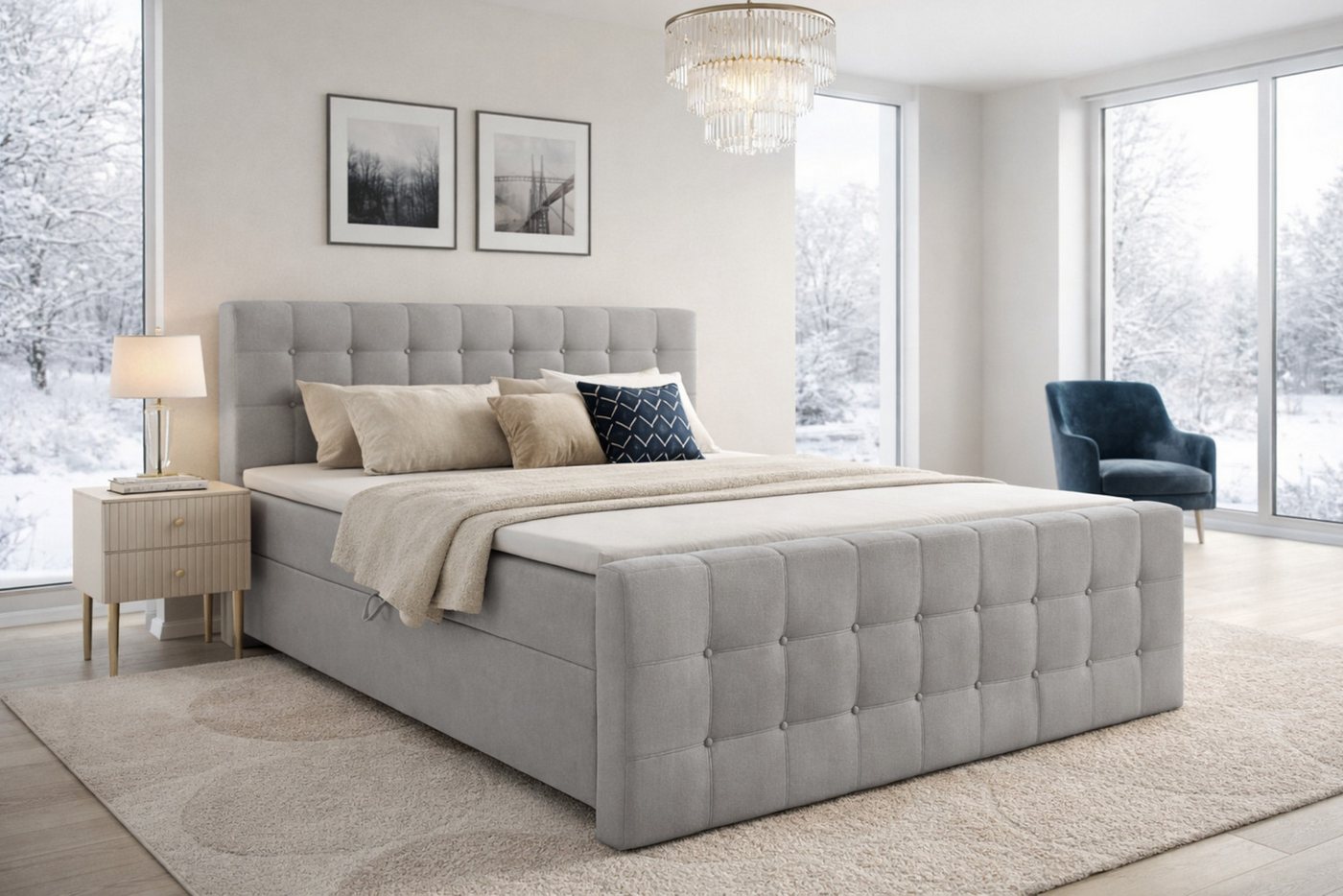 Deine Möbel 24 Boxspringbett REEL Boxspring Komplettbett Polsterbett Boxbett (Grau Hellgrau Anthrazit Graphit Beige Schwarz, 4-St., Matratzen H3 / H4 optional), – Bild 2 von 5
