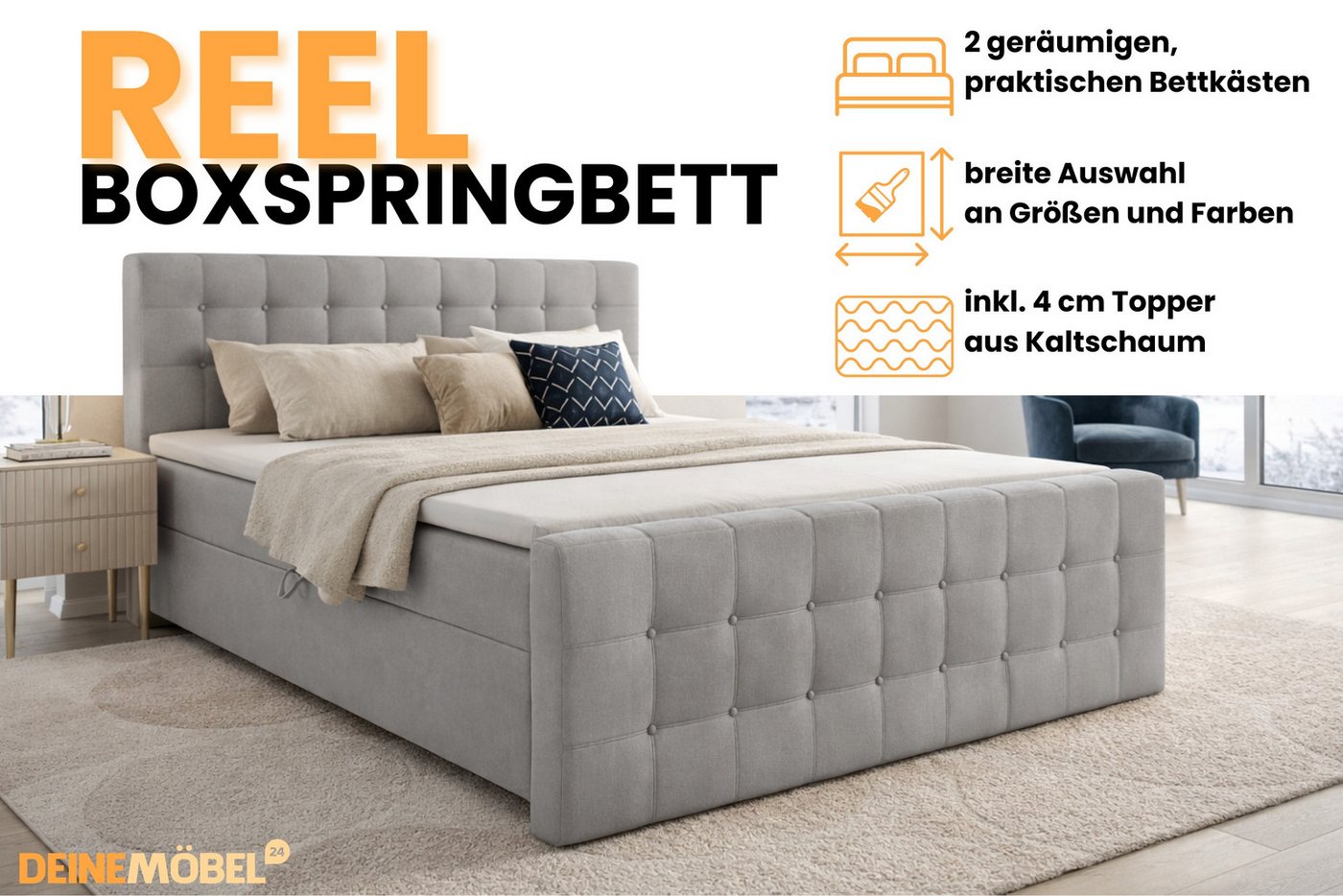 Deine Möbel 24 Boxspringbett REEL Boxspring Komplettbett Polsterbett Boxbett (Grau Hellgrau Anthrazit Graphit Beige Schwarz, 4-St., Matratzen H3 / H4 optional), – Bild 3 von 5