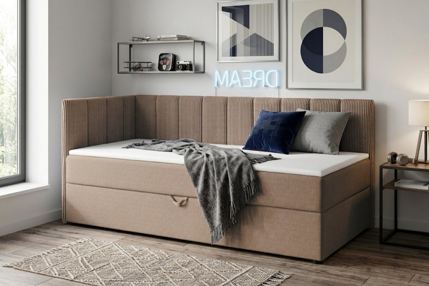 Deine Möbel 24 Boxspringbett VIGO, Tagesbett mit Bettkasten, Kindersofa mit Schlaffunktion (Cord-Stoff & Velour Samt, 1-St., perfekt für Jugendliche & Erwachsen – Bild 2 von 5