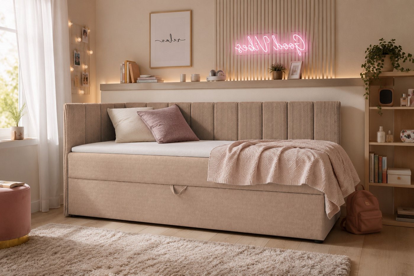 Deine Möbel 24 Boxspringbett VIGO, Tagesbett mit Bettkasten, Kindersofa mit Schlaffunktion (Cord-Stoff & Velour Samt, 1-St., perfekt für Jugendliche & Erwachsen – Bild 3 von 5