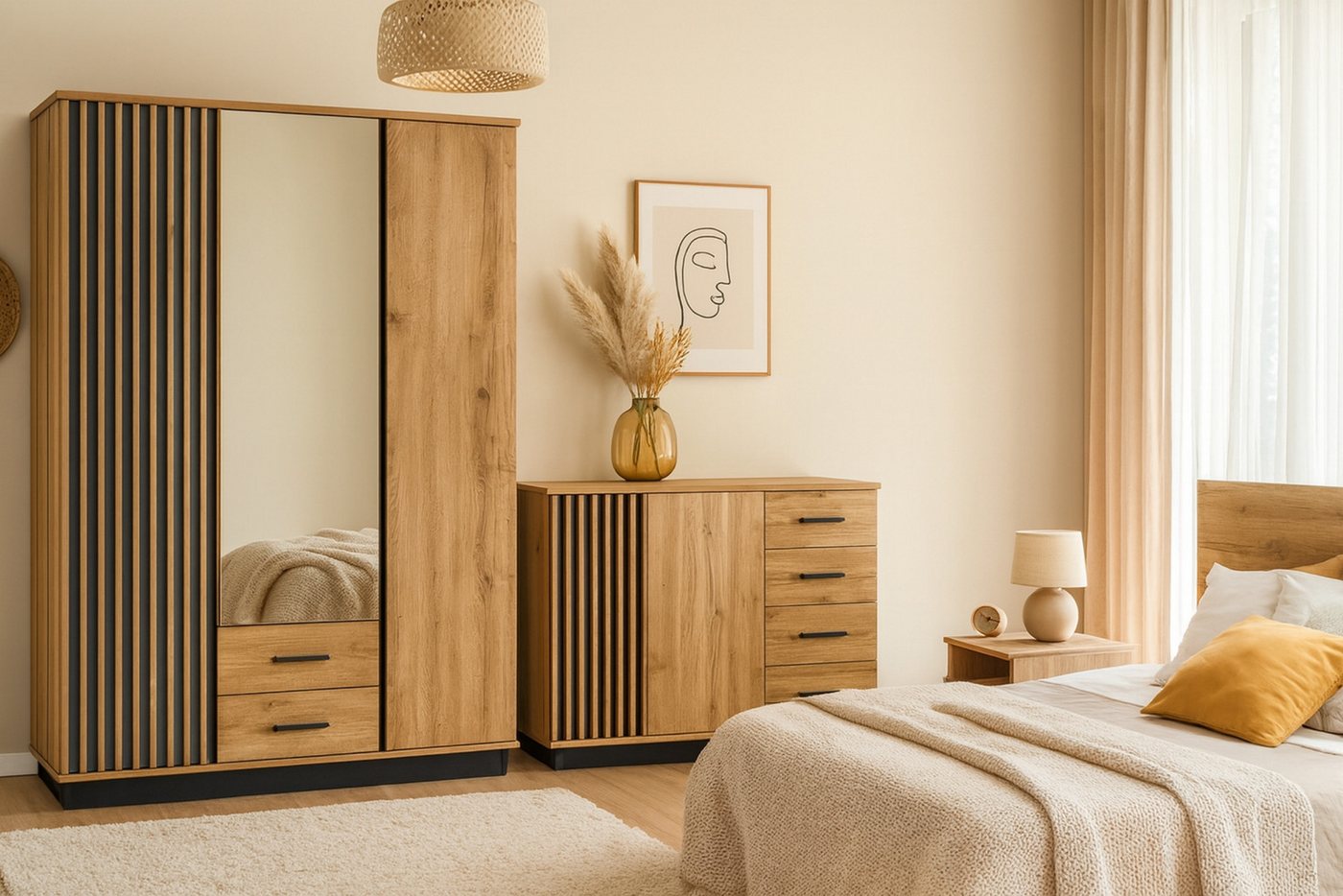 Deine Möbel 24 Kommode LAMI 6 Sideboard in Wotan Eiche / Schwarz Matt mit Lamellen (LAMI - Kollektion, 1 St., ideal für Schlafzimmer Wohnzimmer Flur Jugendzimme – Bild 4 von 5