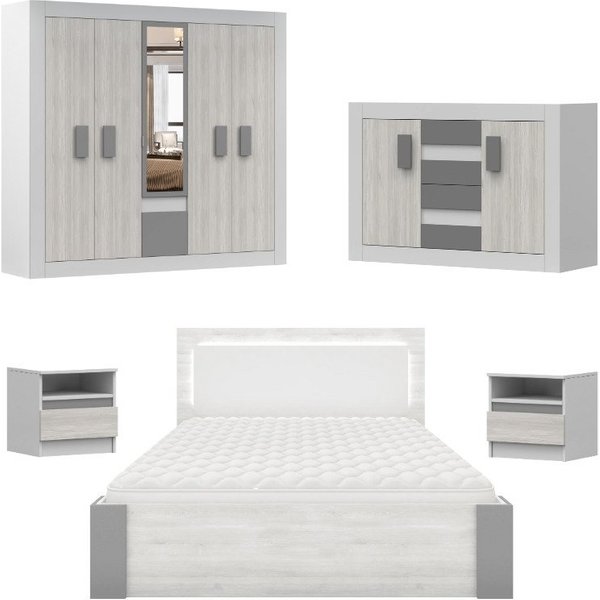 Deine Möbel 24 Schlafzimmer-Set HEAVEN II Komplettschlafzimmer Kleiderschrank 230 cm breit, (Drehtürenschrank Kleiderschrank mit Spiegeltüren Kommode 2x Nachtti