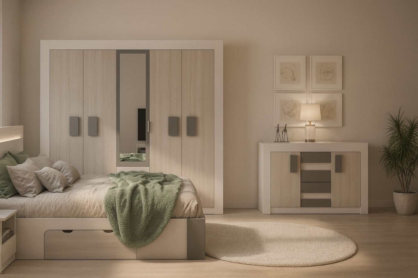 Deine Möbel 24 Schlafzimmer-Set HEAVEN II Komplettschlafzimmer Kleiderschrank 230 cm breit, (Drehtürenschrank Kleiderschrank mit Spiegeltüren Kommode 2x Nachtti – Bild 2 von 5