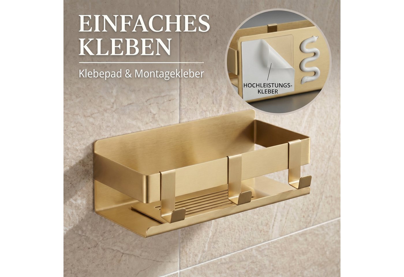 DEKAZIA Duschablage ohne Bohren, Selbstklebender Duschkorb, Duschregal Edelstahl, selbstklebend, 5 Farben erhätlich, inkl. Klebeset & 3 Haken, Badezimmerregal,  – Bild 2 von 5
