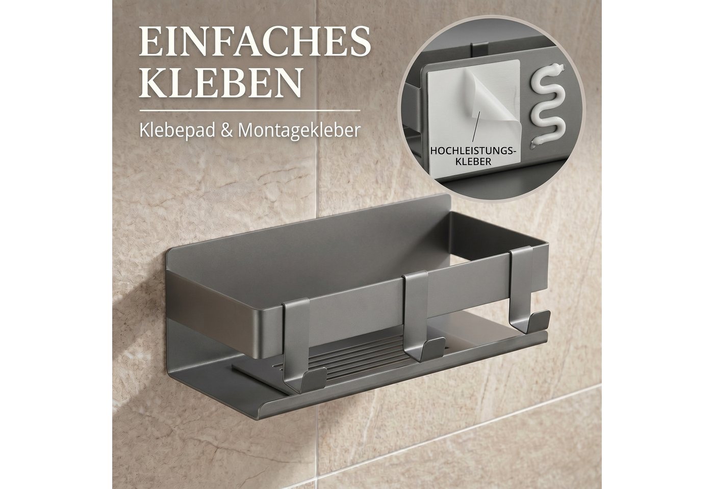 DEKAZIA Duschablage ohne Bohren, Selbstklebender Duschkorb, Duschregal Edelstahl, selbstklebend, 5 Farben erhätlich, inkl. Klebeset & 3 Haken, Badezimmerregal,  – Bild 2 von 5