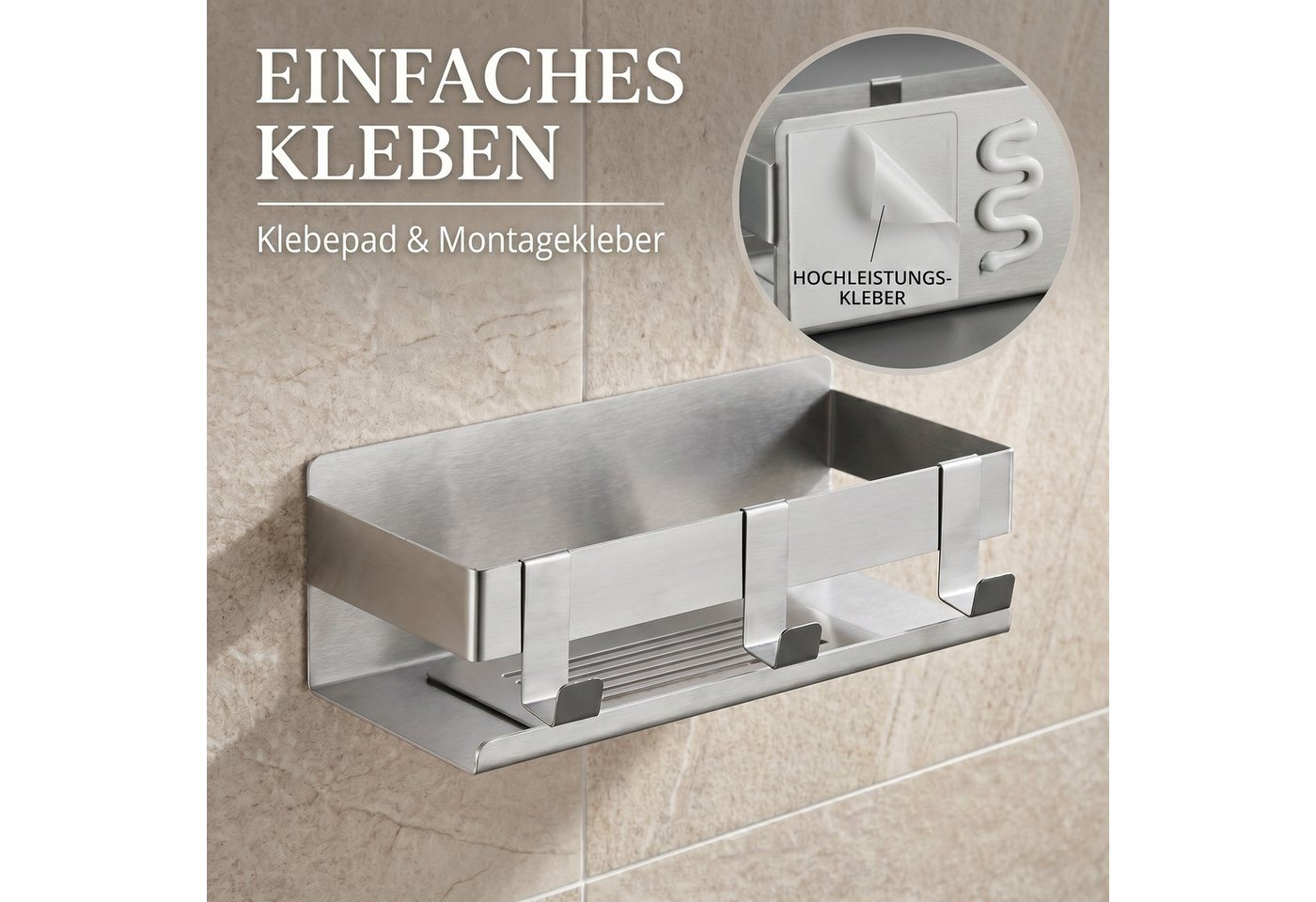 DEKAZIA Duschablage ohne Bohren, Selbstklebender Duschkorb, Duschregal Edelstahl, selbstklebend, 5 Farben erhätlich, inkl. Klebeset & 3 Haken, Badezimmerregal,  – Bild 2 von 5