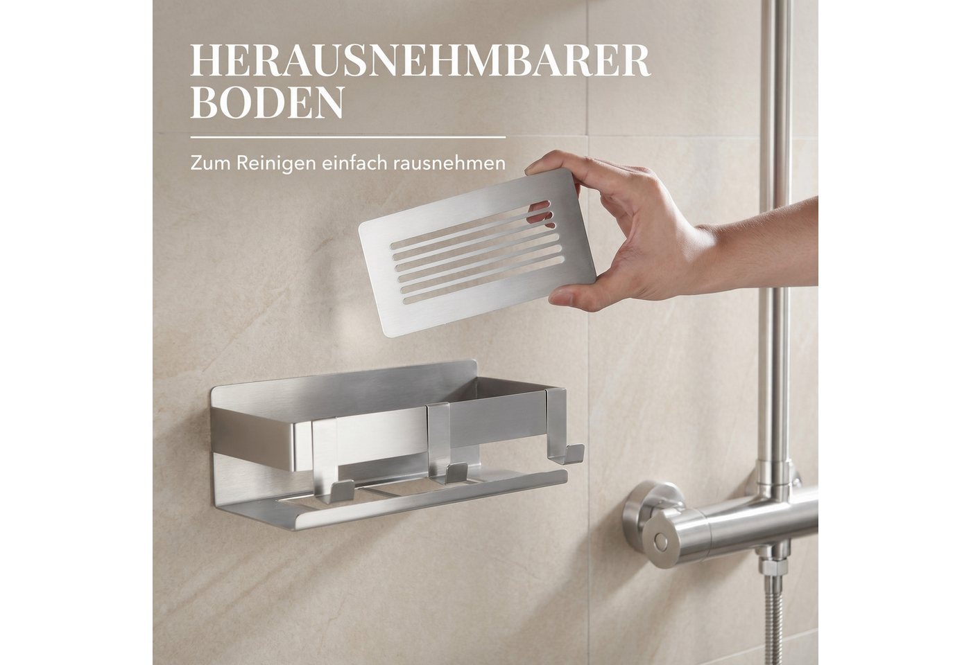 DEKAZIA Duschablage ohne Bohren, Selbstklebender Duschkorb, Duschregal Edelstahl, selbstklebend, 5 Farben erhätlich, inkl. Klebeset & 3 Haken, Badezimmerregal,  – Bild 3 von 5