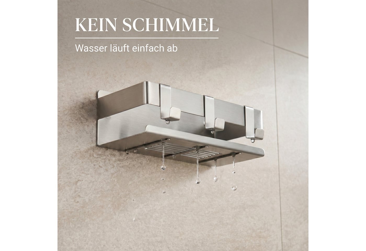 DEKAZIA Duschablage ohne Bohren, Selbstklebender Duschkorb, Duschregal Edelstahl, selbstklebend, 5 Farben erhätlich, inkl. Klebeset & 3 Haken, Badezimmerregal,  – Bild 4 von 5