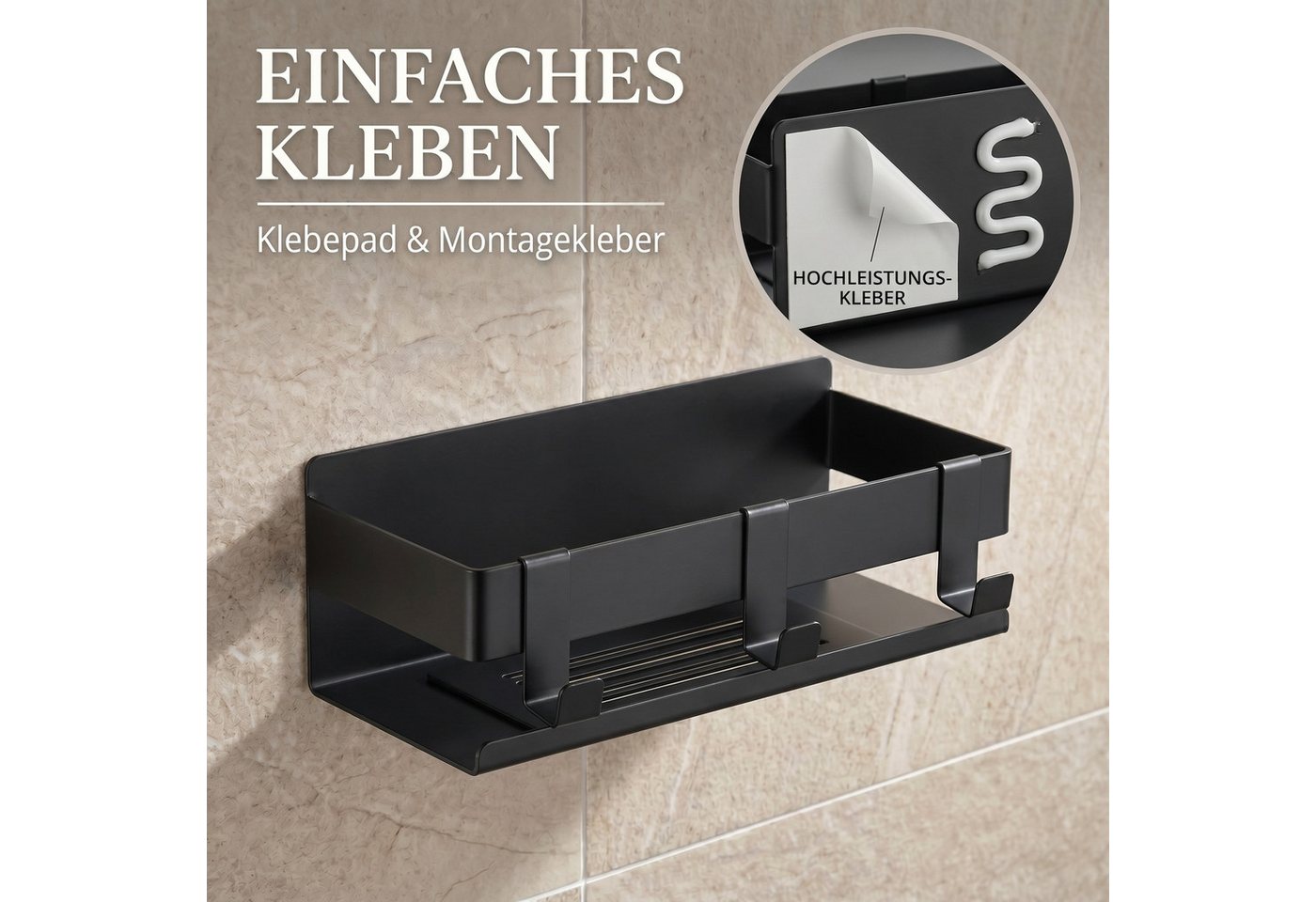 DEKAZIA Duschablage ohne Bohren, Selbstklebender Duschkorb, Duschregal Edelstahl, selbstklebend, 5 Farben erhätlich, inkl. Klebeset & 3 Haken, Badezimmerregal,  – Bild 2 von 5