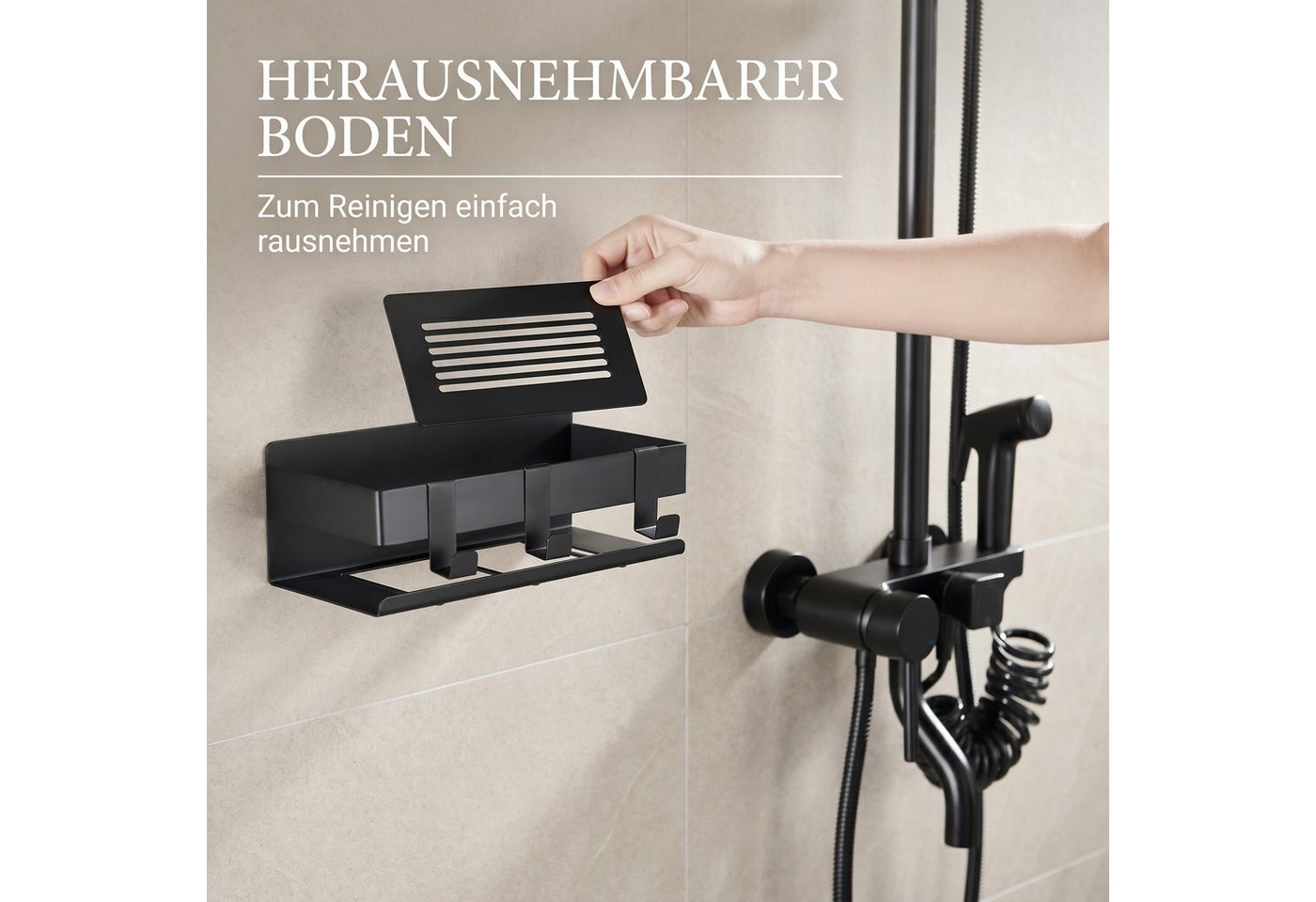 DEKAZIA Duschablage ohne Bohren, Selbstklebender Duschkorb, Duschregal Edelstahl, selbstklebend, 5 Farben erhätlich, inkl. Klebeset & 3 Haken, Badezimmerregal,  – Bild 3 von 5