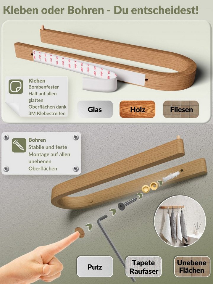 DEKAZIA Handtuchhalter aus massivem Eichenholz Kleben oder Bohren, selbstklebend, Handtuchleiste Wand Badezimmer WC, Design-Patent in Deutschland – Bild 2 von 5