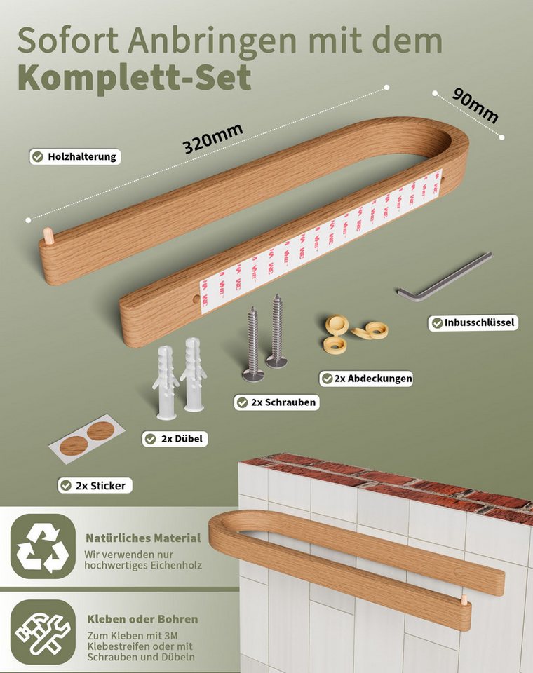 DEKAZIA Handtuchhalter aus massivem Eichenholz Kleben oder Bohren, selbstklebend, Handtuchleiste Wand Badezimmer WC, Design-Patent in Deutschland – Bild 3 von 5
