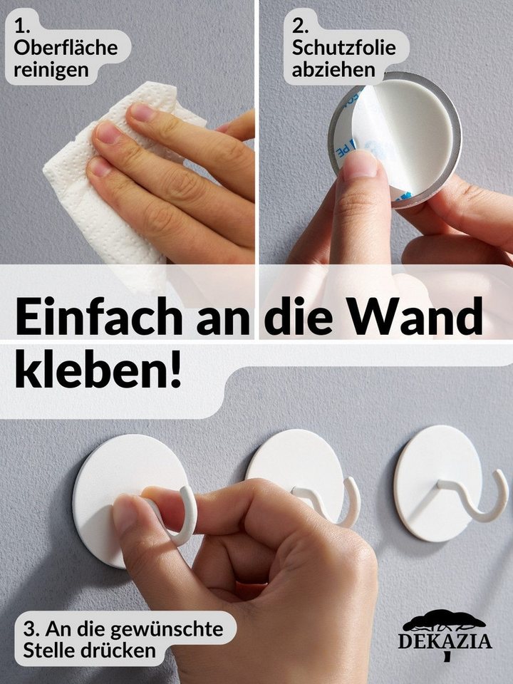 DEKAZIA Klebehaken selbstklebend, Runde Handtuchhaken, Badhaken ohne Bohren mit Klebepads, Badezimmer, WC, Toilette, Küche, Garderobe, Flur, (4er Set, 4 Stk), o – Bild 2 von 5