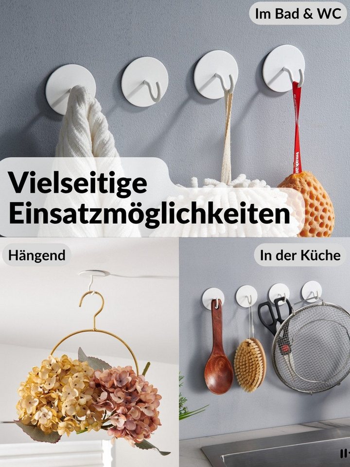 DEKAZIA Klebehaken selbstklebend, Runde Handtuchhaken, Badhaken ohne Bohren mit Klebepads, Badezimmer, WC, Toilette, Küche, Garderobe, Flur, (4er Set, 4 Stk), o – Bild 3 von 5