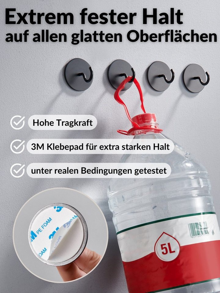 DEKAZIA Klebehaken selbstklebend, Runde Handtuchhaken, Badhaken ohne Bohren mit Klebepads, Badezimmer, WC, Toilette, Küche, Garderobe, Flur, (4er Set, 4 Stk), o – Bild 2 von 5