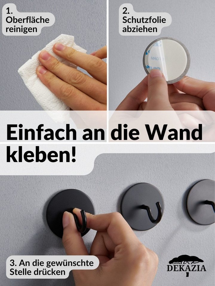 DEKAZIA Klebehaken selbstklebend, Runde Handtuchhaken, Badhaken ohne Bohren mit Klebepads, Badezimmer, WC, Toilette, Küche, Garderobe, Flur, (4er Set, 4 Stk), o – Bild 3 von 5