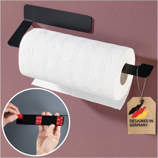 DEKAZIA Küchenrollenhalter ohne Bohren, Selbstklebender Papierrollenhalter Küche, (inkl. Klebeset, zwei Farben Schwarz-matt / Edelstahl gebürstet), Küchenpapier
