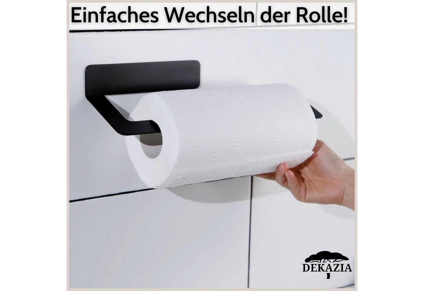 DEKAZIA Küchenrollenhalter ohne Bohren, Selbstklebender Papierrollenhalter Küche, (inkl. Klebeset, zwei Farben Schwarz-matt / Edelstahl gebürstet), Küchenpapier – Bild 4 von 5
