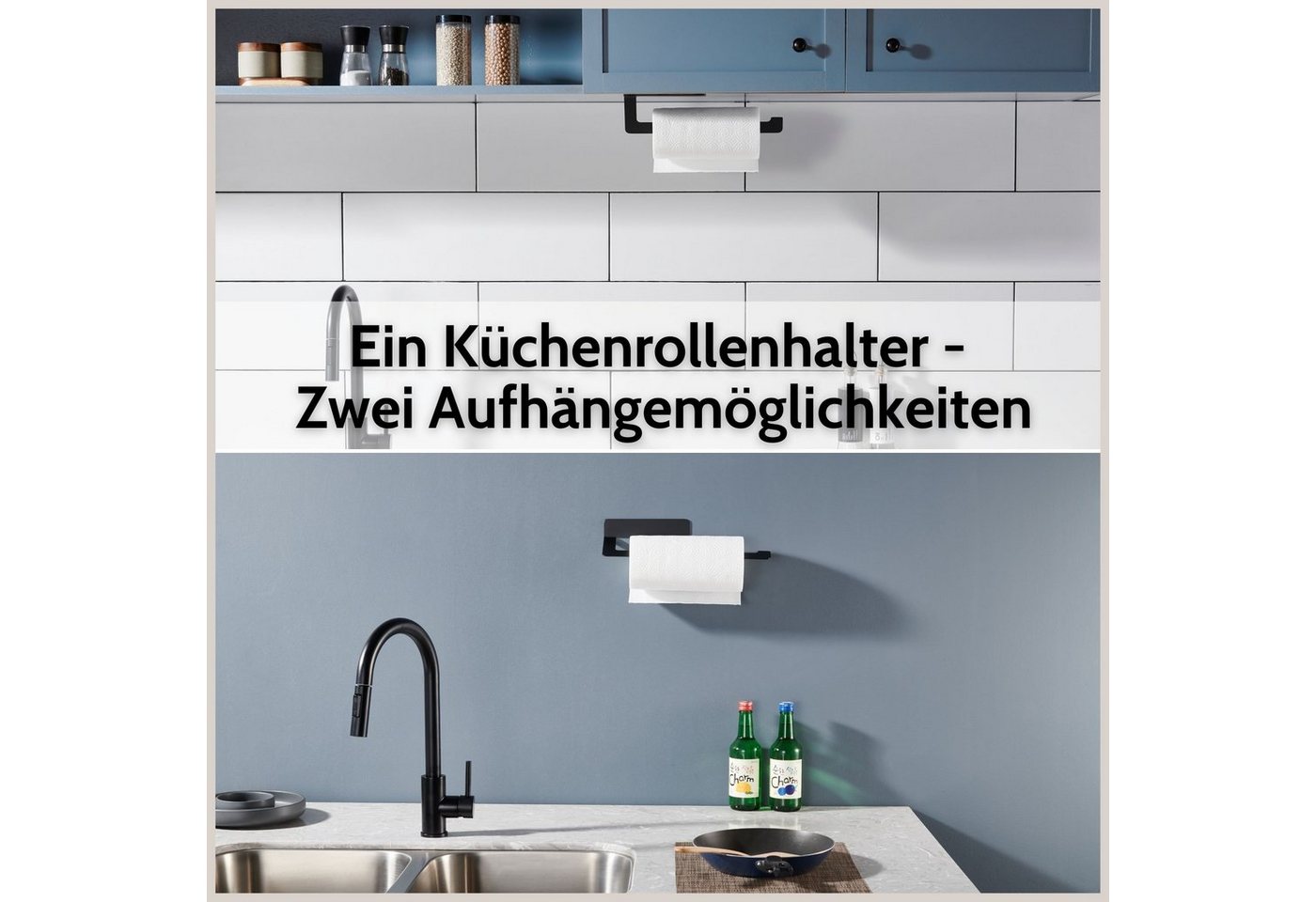 DEKAZIA Küchenrollenhalter ohne Bohren, Selbstklebender Papierrollenhalter Küche, (inkl. Klebeset, zwei Farben Schwarz-matt / Edelstahl gebürstet), Küchenpapier – Bild 5 von 5