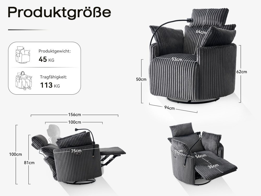DEKKETO Relaxsessel elektrisch, aus Cordstoff, 300° drehbar, Heimkino Fernsehsessel (1-St), mit verstellbarer Kopfstütze, Liegefunktion, USB und Handyhalterung – Bild 2 von 5