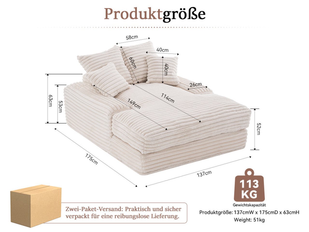 DEKKETO Schlafsofa Große Cord Cloud Couch 175x137cm – einteiliges Schaumstoff-Sofa, 1 Teile, mit breiten ArmlehnenKomplettes 4-Kissen-Set, ohne Montage – Bild 2 von 5