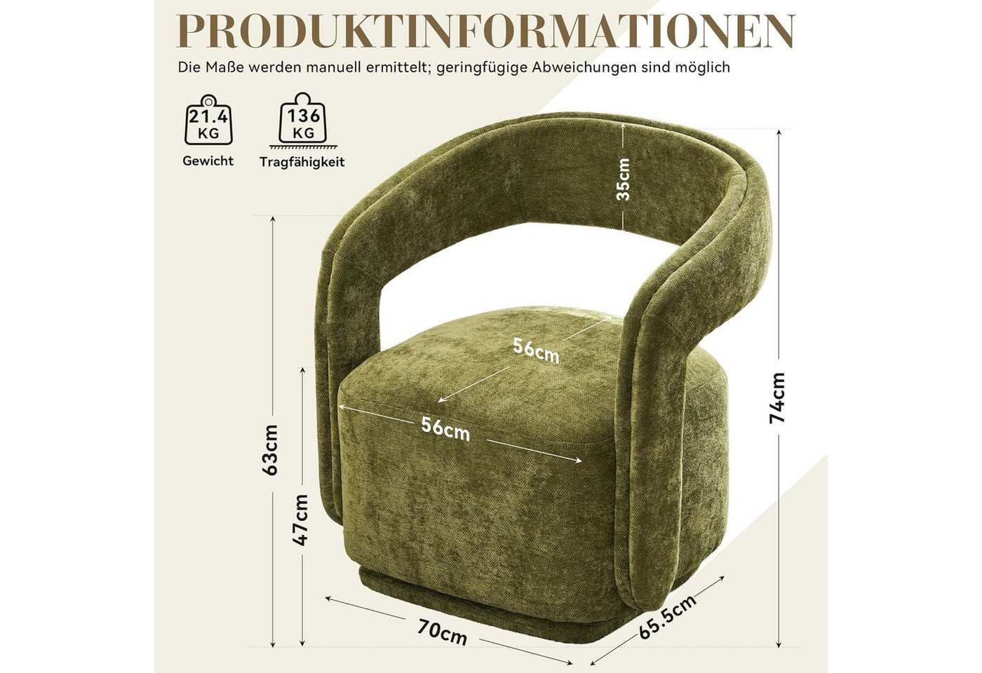 DEKKETO Sessel Polstersessel, Chenille Lounge Sessel, Moderner Drehsessel, drehbar (1-St), mit Großer Sitzfläche und Geschwungener Rückenlehne – Bild 2 von 5
