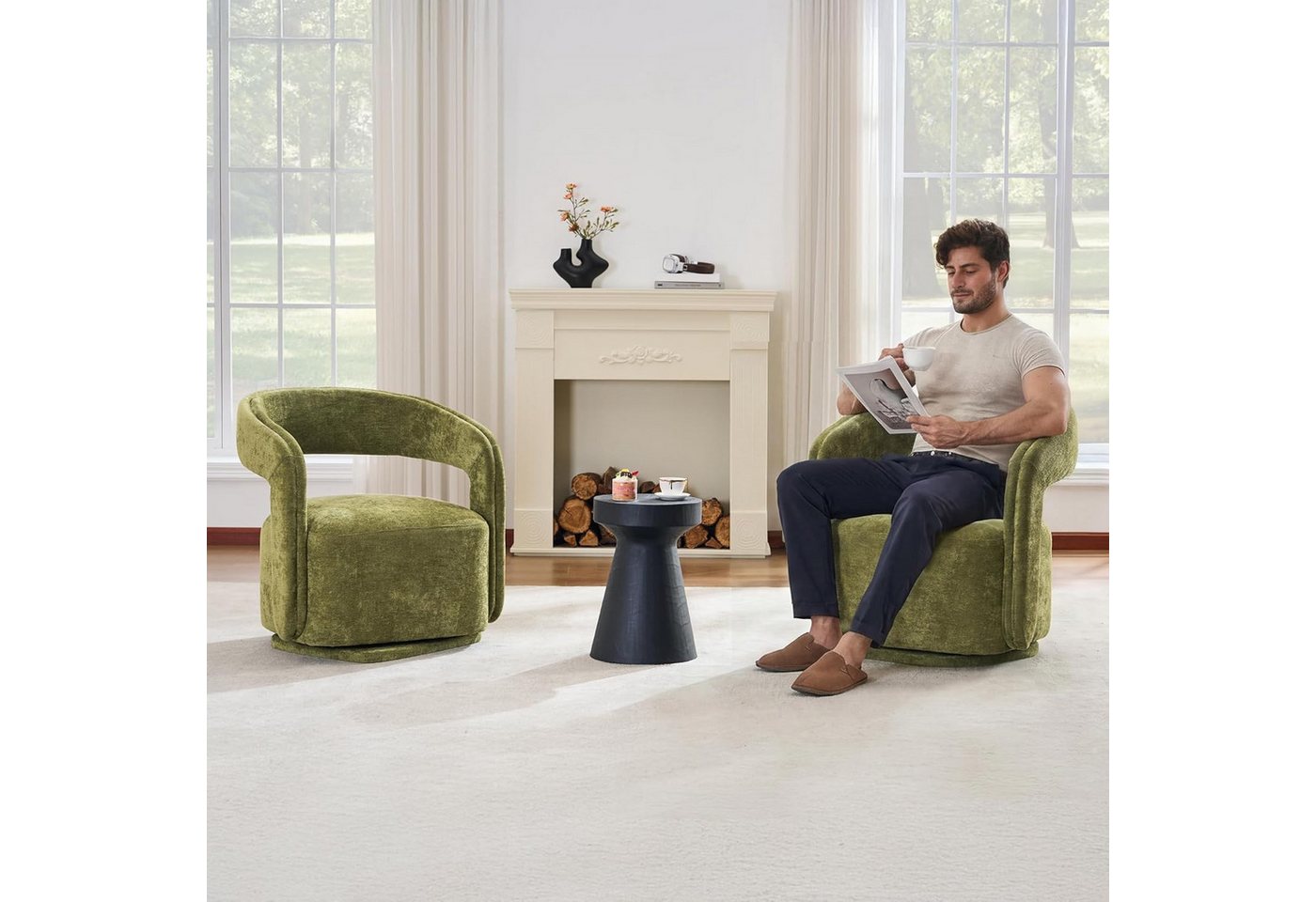 DEKKETO Sessel Polstersessel, Chenille Lounge Sessel, Moderner Drehsessel, drehbar (1-St), mit Großer Sitzfläche und Geschwungener Rückenlehne – Bild 3 von 5