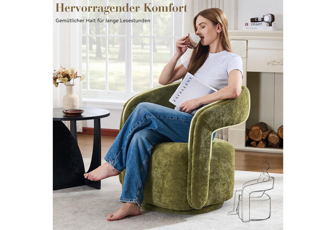 DEKKETO Sessel Polstersessel, Chenille Lounge Sessel, Moderner Drehsessel, drehbar (1-St), mit Großer Sitzfläche und Geschwungener Rückenlehne – Bild 5 von 5