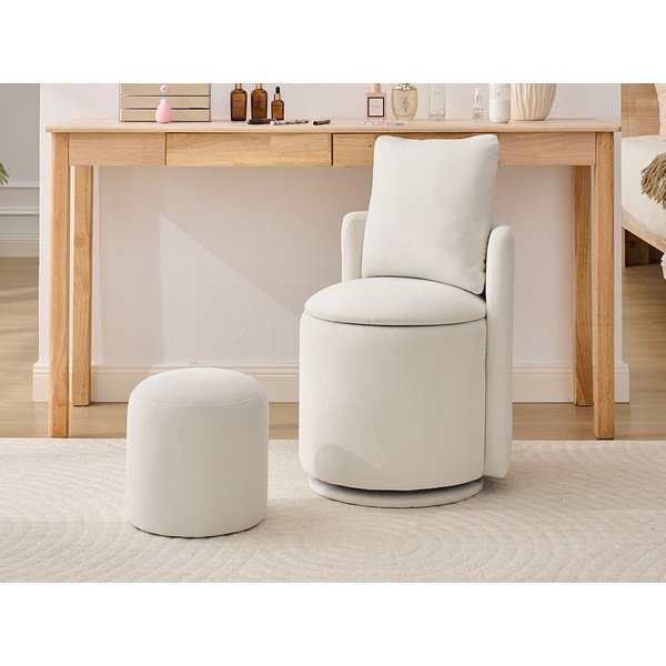 DEKKETO Stuhl Samt mit Stauraum & 360° Drehfuß, Ergonomischer Schminkhocker (1 St), Schminkstuhl mit Rückenlehne, Inklusive Fußhocker und Kissen
