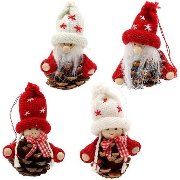 Dekohelden24 Christbaumschmuck 4er Set Strick-/ Holz Püppchen / Santa als Baumbehang, Größe je Figur ca. 7,5 x 7,5 x 10 cm