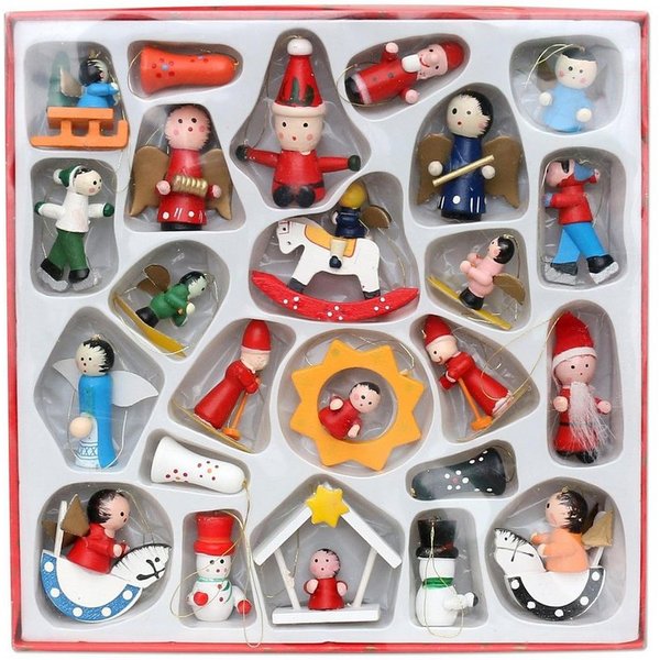 Dekohelden24 Christbaumschmuck Wunderschöner Holz Baumbehang als 24er Set, ca. 3-6 cm, Holzbaumbehang als 24 teiliges Set