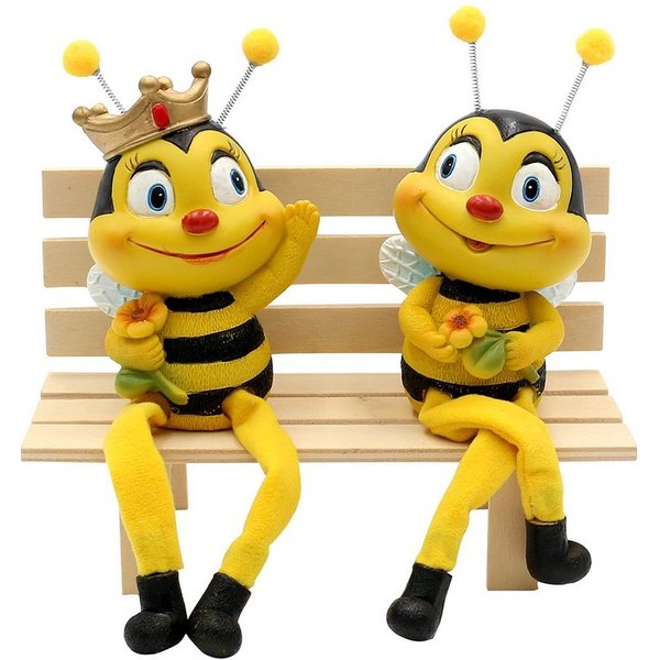 Dekohelden24 Gartenfigur Dekofigur Kantenhocker Bienen-Bienenpaar mit Blume, 2er Set, Polyresin