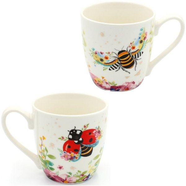 Dekohelden24 Tasse 2er Set Kaffeebecher Kaffeetasse aus Porzellan - Motiv: Biene und, 2-tlg., Porzellan