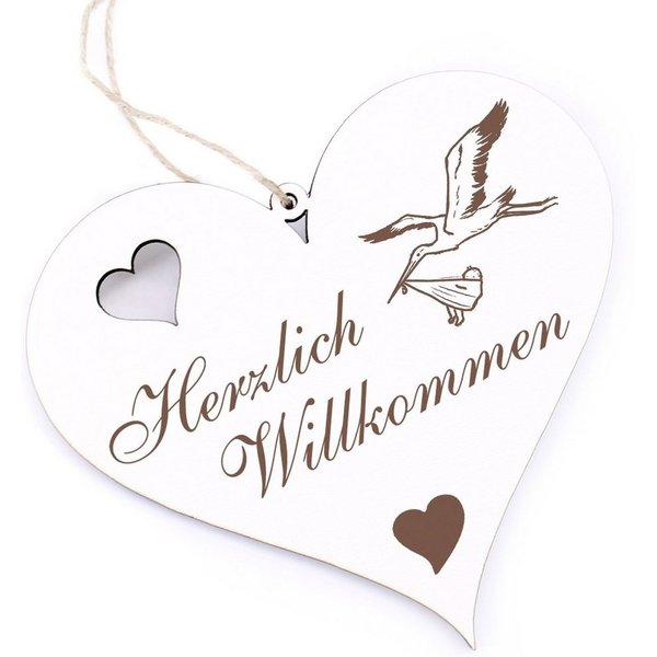 Dekolando Hängedekoration Herzlich Willkommen - Storch mit Baby - 13x12cm