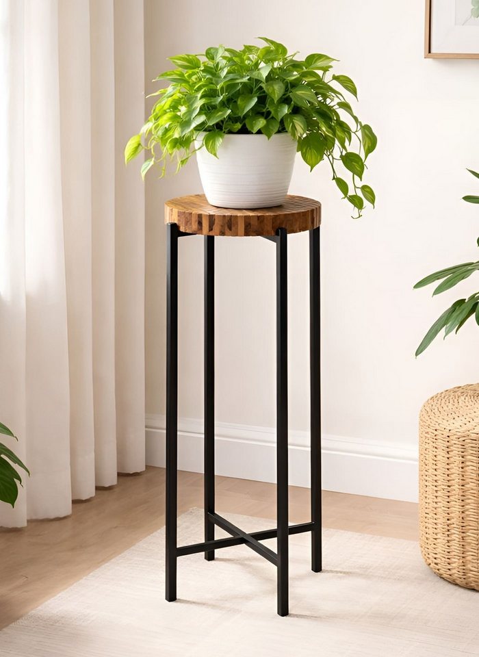 Dekoleidenschaft Blumenständer "Industrial" Pflanzenständer aus recyceltem Holz, Blumenhocker rund, Ø 33 x H 82 cm, Pflanzenhocker mit Gestell aus Metall, schwa – Bild 2 von 5