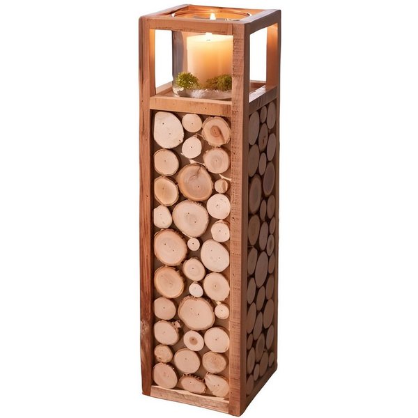Dekoleidenschaft Bodenwindlicht "Holzscheiben", Windlichtsäule, Holz Dekosäule mit Windlicht, 58 cm (1 St), hoch, Kerzenständer, Holzsäule, Windlicht, Kerzensäu