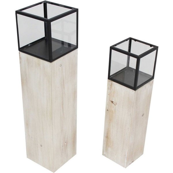 Dekoleidenschaft Bodenwindlicht Windlichtsäule "Modern Shabby" aus Holz, Metall & Glas 60 + 78 cm hoch (2 St., im Set), Kerzenhalter, Dekosäule für Wohnzimmer, 