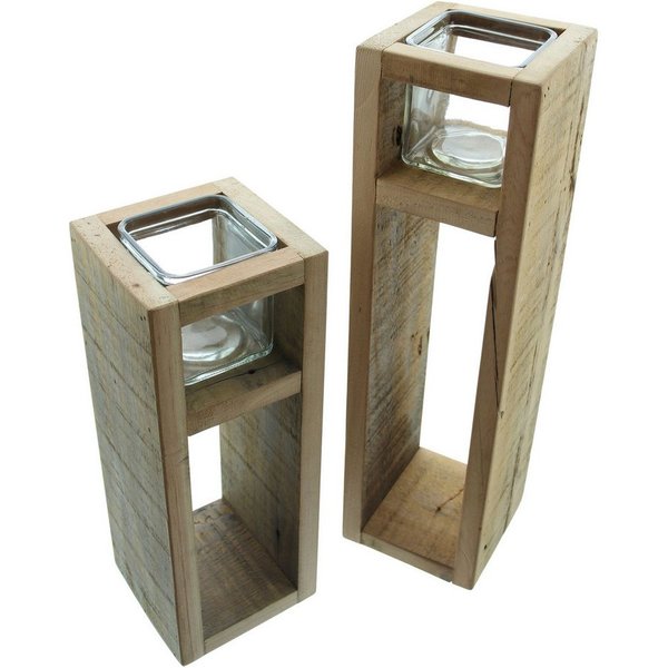 Dekoleidenschaft Bodenwindlicht "Wood" Windlicht Säule aus recyceltem Holz, Kerzenhalter, 30 + 40 cm (2 St., im Set), Kerzenständer rustikal - Jedes Stück ein U
