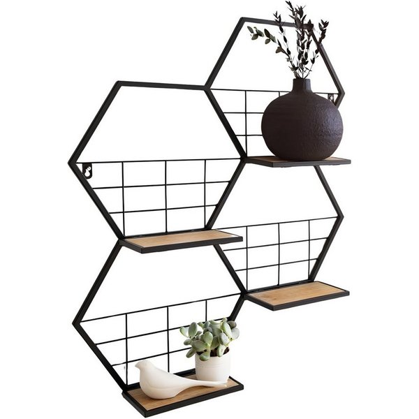 Dekoleidenschaft Deko-Wandregal "Hexagon" aus Metall, schwarz, 4 klappbare Böden aus MDF, furniert, Wanddeko, Wandregal, Wandschmuck, Hängeregal, Metallregal, M