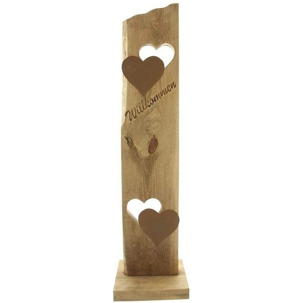 Dekoleidenschaft Dekosäule "Willkommen" aus Holz 80 cm hoch mit 2 Herzen aus Metall in Rostoptik, Welcome Holzdeko, Eingangsbereich, Eingangsdeko, Säule