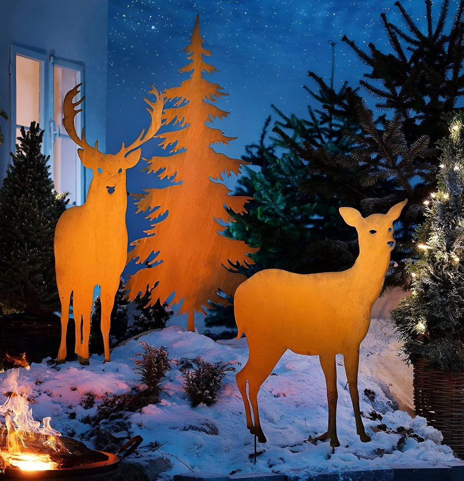 Dekoleidenschaft Gartenstecker Reh, Hirsch oder Tanne aus Metall mit Echt Rost, große Weihnachtsdeko (1-St) Gartendeko für Draußen, Rostdeko, Roststecker – Bild 2 von 5