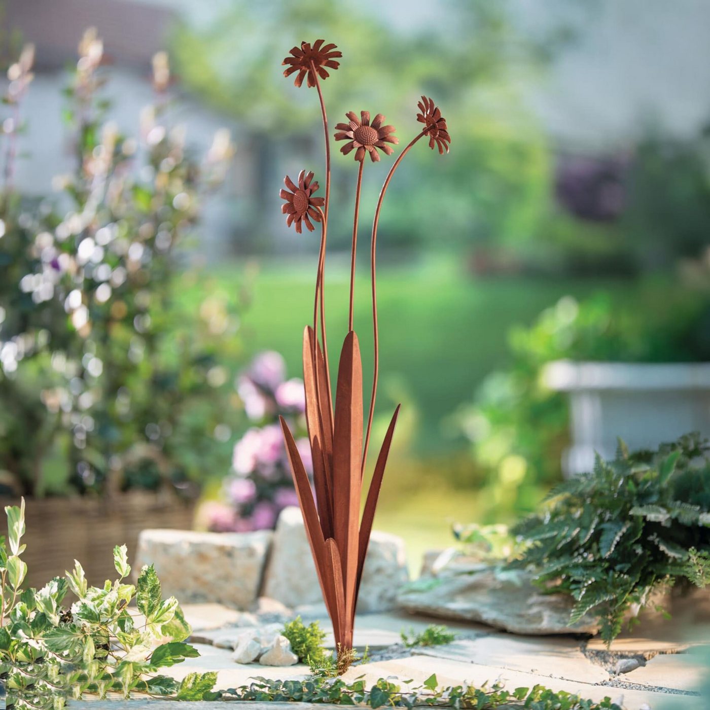 Dekoleidenschaft Gartenstecker "Rostblumen" Metall, Rost Finish, 100 cm hoch, Dekostecker Roststecker wetterfest, Outdoor Gartendeko für Draußen – Bild 2 von 4