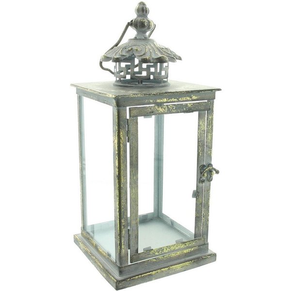 Dekoleidenschaft Kerzenlaterne "Antik" Metall & Glas, grau gold, 31 cm hoch, Kerzenständer, Windlicht, Kerzenhalter, Gartenlaterne