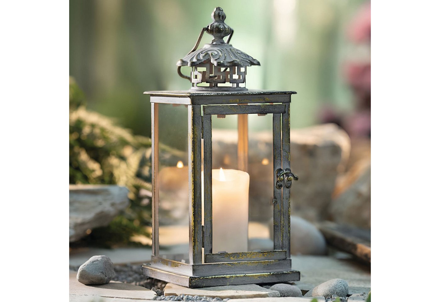 Dekoleidenschaft Kerzenlaterne "Antik" Metall & Glas, grau gold, 31 cm hoch, Kerzenständer, Windlicht, Kerzenhalter, Gartenlaterne – Bild 2 von 5