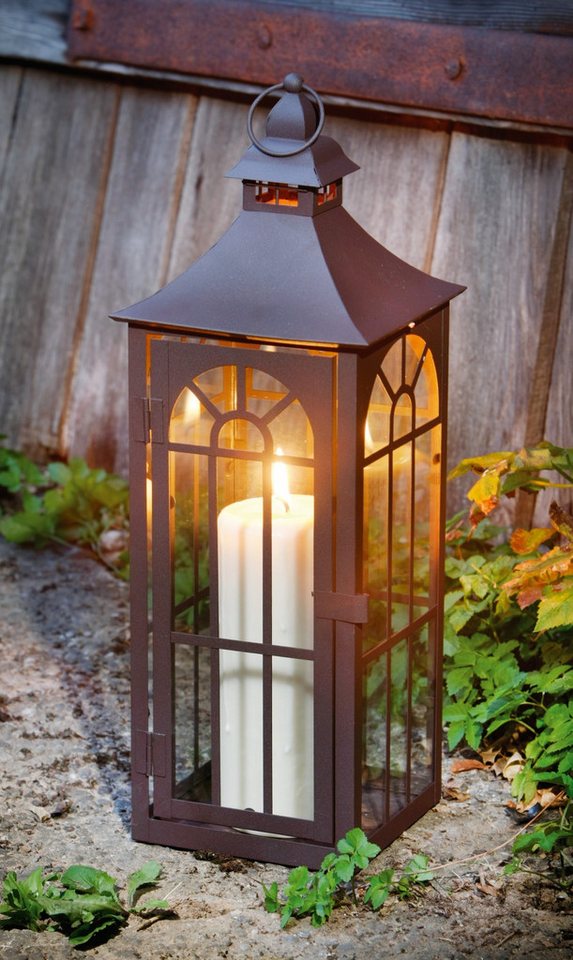 Dekoleidenschaft Kerzenlaterne aus Metall & Glas, große Laterne 45cm hoch, Gartenlaterne Kerzenhalter, braun, Metalllaterne, Hängelaterne, Windlicht, Gartendeko – Bild 2 von 5