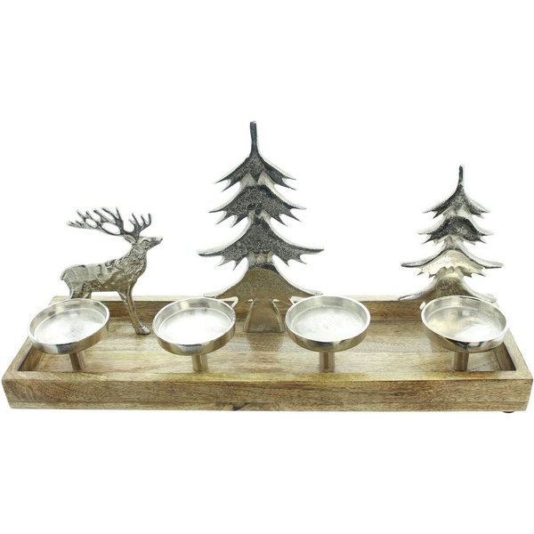 Dekoleidenschaft Kerzentablett "Rentier & Tannen" Lichterboard Kerzenständer 4 Kerzen, Weihnachtsdeko, Mangoholz & Aluminium, 50 cm breit, Adventskranz für Stum