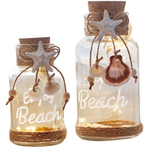 Dekoleidenschaft LED Windlicht "Beach", Windlicht-Glas mit Leuchtdraht, 12 & 16 cm hoch, LED-Glas, 2 Stück im Set maritime Leuchtdeko, Laterne batterie-betriebe