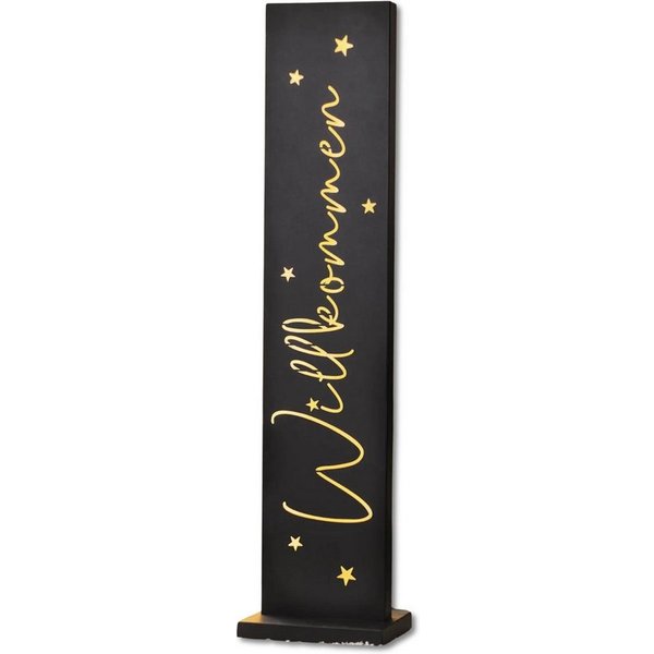 Dekoleidenschaft Metallschild "Willkommen" Metall Dekosäule schwarz 100 cm hoch, mit LED Beleuchtung, Outdoor Leuchtschild, Säule mit Timer, Willkommensschild B